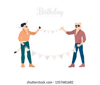 B-day celebration vector illustration. Disco, retro party isolated clipart. Festive decorations, accessories. Bull and panda metaphor for friends flat characters. Birthday, holiday, anniversary