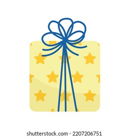 Bday Gift With Stars. Yellow Present With Big Bow. Flat, Cartoon. Isolated Vector Illustration Eps 10