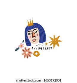 Bday girl character and celebrate phrase illustration. Boho Birthday Anniversary party concept. Vector clipart design