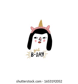 Bday girl character and celebrate phrase illustration. Boho Birthday Anniversary party concept. Vector clipart design