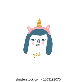 Bday girl unicorn character and celebrate phrase illustration. Boho Birthday Anniversary party concept. Vector clipart design