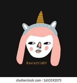 Bday girl unicorn character and celebrate phrase illustration. Boho Birthday Anniversary party concept. Vector clipart design