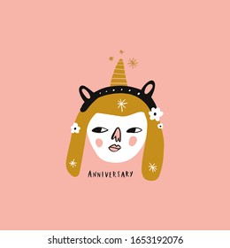 Bday girl unicorn character and celebrate phrase illustration. Boho Birthday Anniversary party concept. Vector clipart design