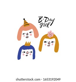 Bday girls chill characters celebrate phrase illustration. Boho Birthday Anniversary party concept. Vector clipart design