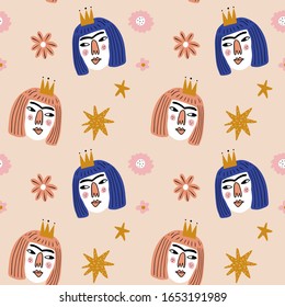 Bday girls little princess characters, seamless pattern celebrate illustration. Boho Birthday Anniversary party. Vector clipart design