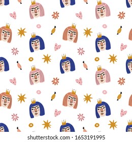 Bday girls little princess characters, seamless pattern celebrate illustration. Boho Birthday Anniversary party. Vector clipart design