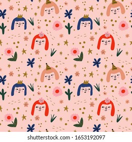 Bday girls little princess characters, seamless pattern celebrate illustration. Boho Birthday Anniversary party. Vector clipart design