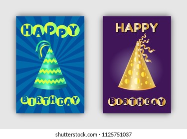 B-day paper caps with golden dots and abstract patterns, topped by ribbons vector. Happy Birthday banners glittering realistic hats decorative headwear