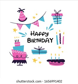 Bday Party Hand Drawn Illustrations Set. Greeting Card, Invitation Design Elements. Handwritten Lettering. B-day Cakes With Candles, Balloons. Holiday Celebration, Party Decoration, Accessories