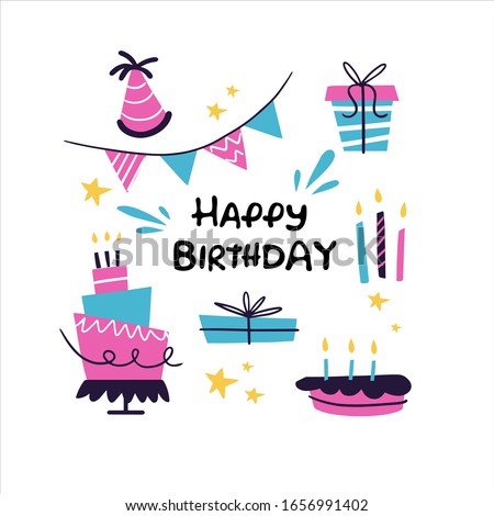 Bday party hand drawn illustrations set. Greeting card, invitation design elements. Handwritten lettering. B-day cakes with candles, balloons. Holiday celebration, party decoration, accessories