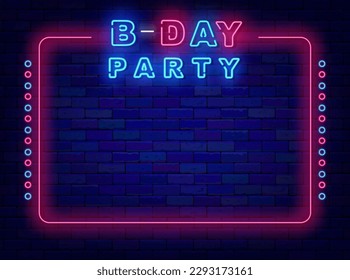 Bday party neon advertising. Pink frame with circles. Birthday and anniversary celebration. Minimal banner. Space for text. Bright flyer. Glowing poster. Vector stock illustration