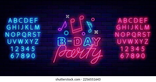 Bday party neon signboard. Birthday evening. Musical notes. Light advertising. Luminous blue and pink alphabet. Shiny invitation. Glowing banner. Vector stock illustration