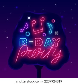 Bday party street neon billboard. Birthday evening. Musical notes. Light outdoor advertising. Luminous label. Shiny greeting card. Glowing banner. Vector stock illustration