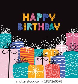 Bday presents pile. Greeting card with happy birthday typography. Pile of gifts and different graphic elements.Vector illustration in Scandinavian style. Holiday banner, web poster, flyer, brochure