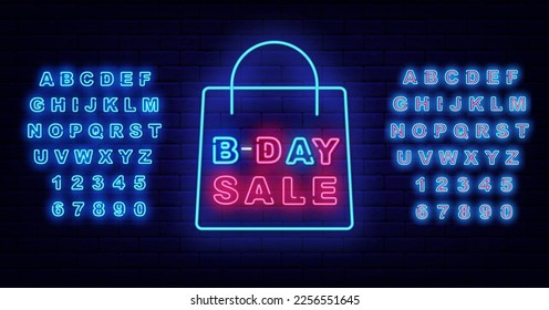 Bday sale neon label on brick wall. Birthday special offer. Glowing typography. Luminous blue alphabet. Light advertising. Shopping bag border. Shiny greeting card. Vector stock illustration