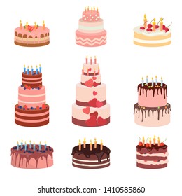 Bday sweet baked isolated cakes set. Strawberry icing cake for holiday, cupcake, baked brown chocolate gourmet, celebration cherry cake bakery. Birthday candles with fruits. Vector illustration