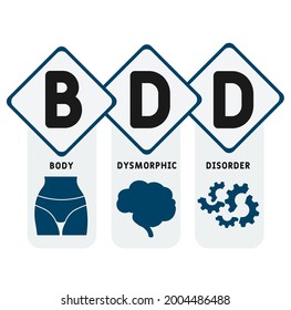 BDD - Body Dysmorphic Disorder acronym. medical concept background.  vector illustration concept with keywords and icons. lettering illustration with icons for web banner, flyer, landing 