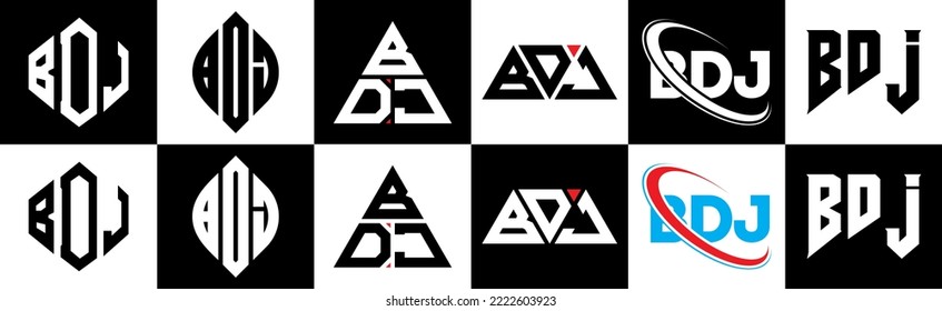 BDJ letter logo design in six style. BDJ polygon, circle, triangle, hexagon, flat and simple style with black and white color variation letter logo set in one artboard. BDJ minimalist and classic logo