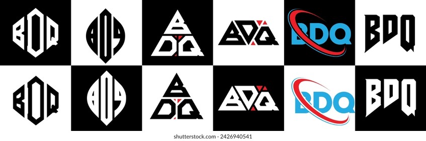 BDQ letter logo design in six style. BDQ polygon, circle, triangle, hexagon, flat and simple style with black and white color variation letter logo set in one artboard. BDQ minimalist and classic logo