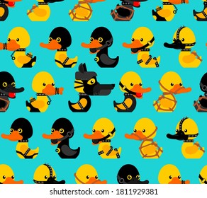 BDSM Duck Pattern Seamless. Fetish Toy Background. Rubber Duck In Black Suit Texture. Vector Ornament