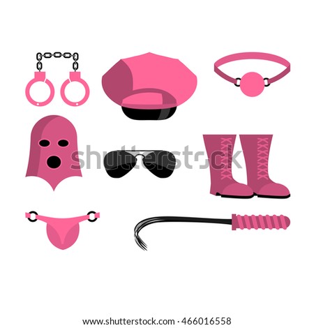 BDSM set icons. Accessories sadist masochist love. whip and gag. Leather whip and cap. mask and Handcuffs. Sextoys for Sex shop