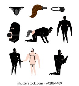 BDSM slave set. Gag in mouth. Adult sexual games. Humiliation and domination. Vector illustration.