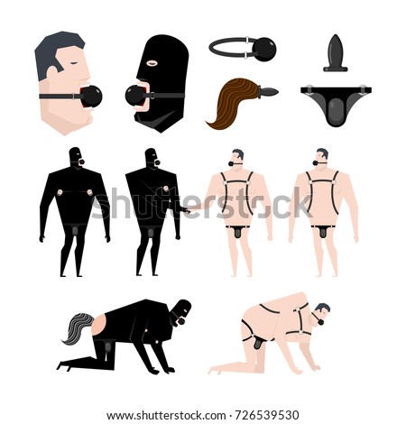 BDSM slave set. Gag in mouth. Adult sexual games. Humiliation and domination. Vector illustration.