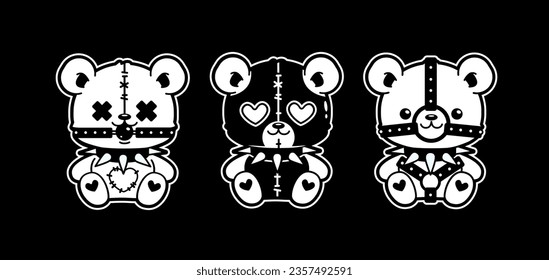 Teddy Bear juguetes en el diseño de pegatinas góticas de arte del tatuaje Y2k. Emo Goth 00's tattoo sticker color blanco y negro. Juguete gótico equivocado de Teddy Bear en collar de clavos para diseño de impresión y2k