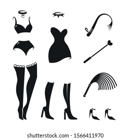 BDSM things set: underwear, clothes, shoes, accessories, spanking devices. Isolated vector illustration