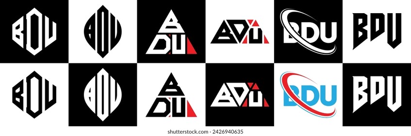 BDU letter logo design in six style. BDU polygon, circle, triangle, hexagon, flat and simple style with black and white color variation letter logo set in one artboard. BDU minimalist and classic logo