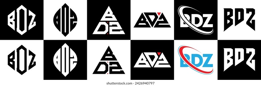 BDZ letter logo design in six style. BDZ polygon, circle, triangle, hexagon, flat and simple style with black and white color variation letter logo set in one artboard. BDZ minimalist and classic logo