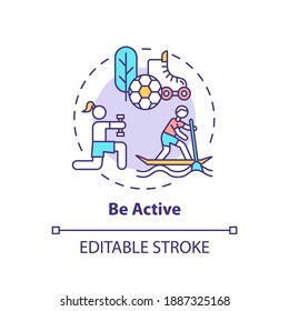 Be active concept icon. Self care practices. Every day health care activities. Sport life improvement idea thin line illustration. Vector isolated outline RGB color drawing. Editable stroke