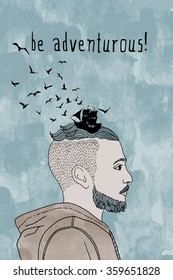 "be adventurous!" - conceptual portrait of a guy with hair drawn like waves and the silhouette of a ship