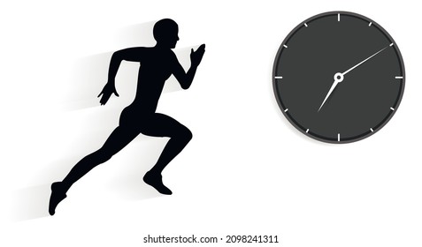 Be ahead of your time, a black silhouette of a running man and a black watch with a dial and hands on a white background. Copy space. Vector illustration