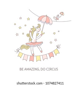Be amazing do circus. Sweet pony play circus. Little horse girl and funny mouse are holding the umbrellas and walking on the rope on the stars background.