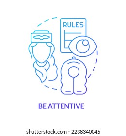 Seien Sie vorsichtig mit dem blauen Farbverlauf-Symbol. Fluggastsicherheit Tipp abstrakte Idee dünne Linie Illustration. Airplane-Etikette. Bereiten Sie sich auf das Fliegen vor. Einzeln Umrisszeichnung. Myriad Pro-Fett-Schriftart verwendet