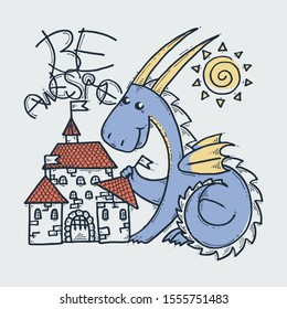 Be Awesome. Cute cartoon dragon with toy castle, doodle childish vector illustration.