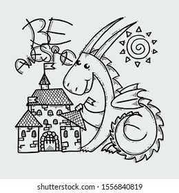 Be Awesome. Cute cartoon dragon with toy castle, doodle childish vector illustration.