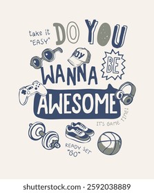 be awesome slogan with boy items vector illustration for fashion print 