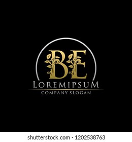 BE B E Gold Leaf Letter logo With Classy Floral Design