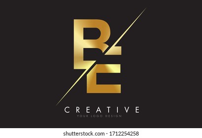 Diseño del logotipo de la carta dorada BE B E con un corte creativo. Diseño de logotipo creativo con fondo de círculo negro.