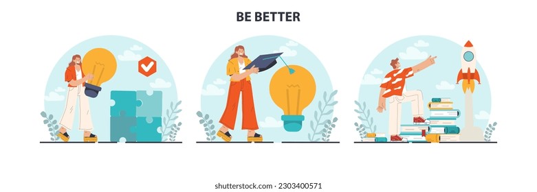 Be better concept set. Education and self-development. Increasing of business or professional competences and skills. Training for career qualification development. Flat vector illustration