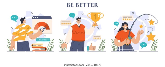 Be better concept set. Improvement and development idea. Growth of business or professional qualification, competencies and skills. Training for career development. Flat vector illustration