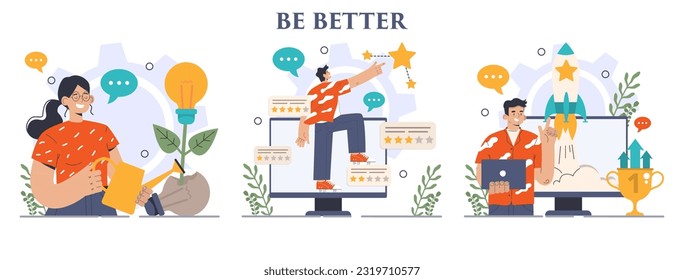 Be better concept set. Improvement and development idea. Growth of business or professional qualification, competencies and skills. Training for career development. Flat vector illustration