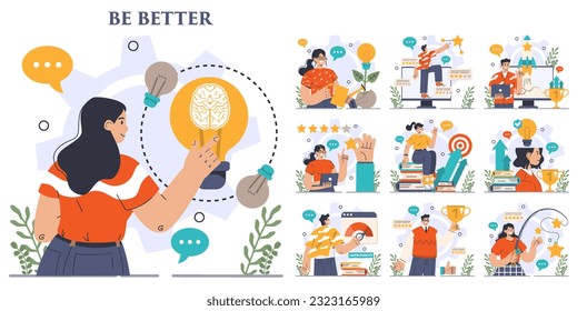 Be better concept set. Improvement and development idea. Growth of business or professional qualification, competencies and skills. Training for career development. Flat vector illustration