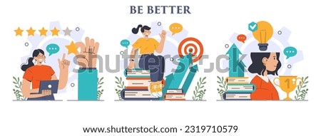 Be better concept set. Improvement and development idea. Growth of business or professional qualification, competencies and skills. Training for career development. Flat vector illustration Foto d'archivio © 