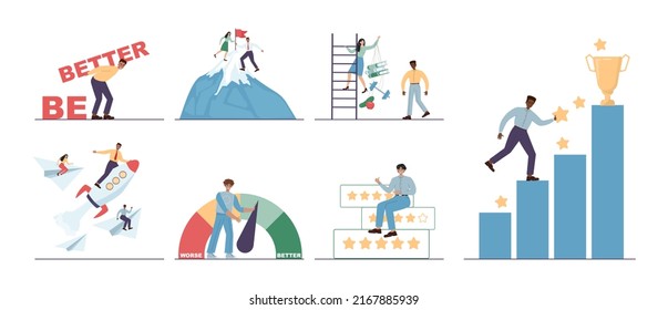 Be better concept set. Self esteem boosting, self-improvment idea. Personal development and progress. Flat vector illustration