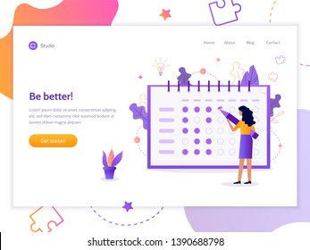 Be better! The girl notes the bullets in the tracker habits. Modern web banner. Flat vector illustration.