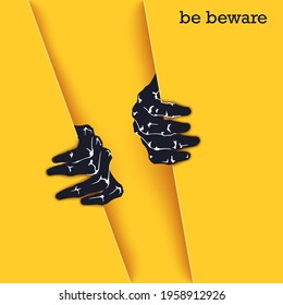 Be beware. Funny poster template for Halloween. Two scaring hands crawl out of the gap. Vector graphics design