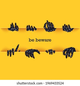 Be beware. Funny poster template for Halloween. Many scaring hands crawl out of the gap. Vector graphics design